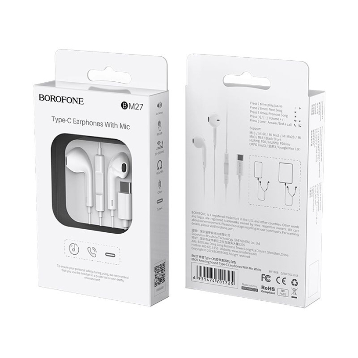 Casti Borofone BM27 cu mufa Type C si microfon, albe [3]