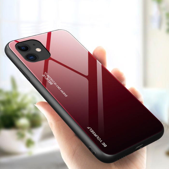 Husa iPhone 12 Pro / iPhone 12 neagra-rosie, spate sticla, degrade [2]