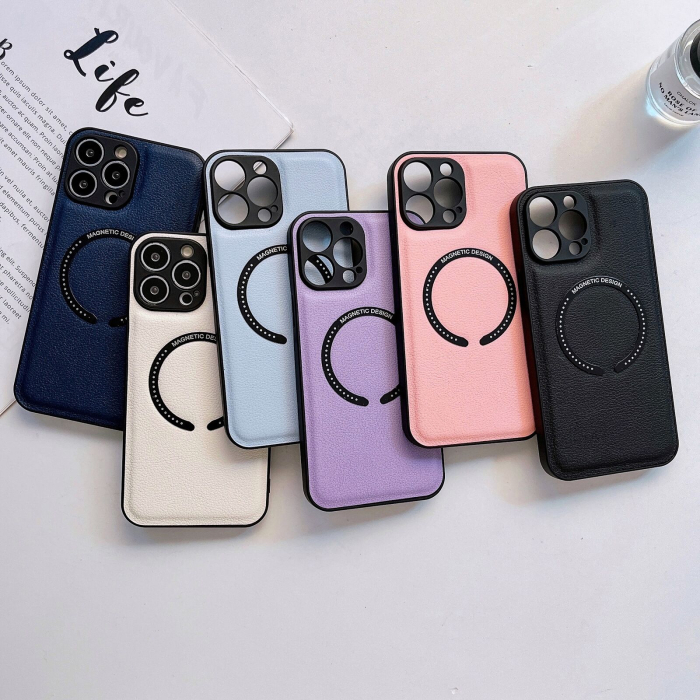 Husa Luxury MagSafe iPhone 14 Pro Max, piele Lychee, margine silicon, albastru inchis [6]