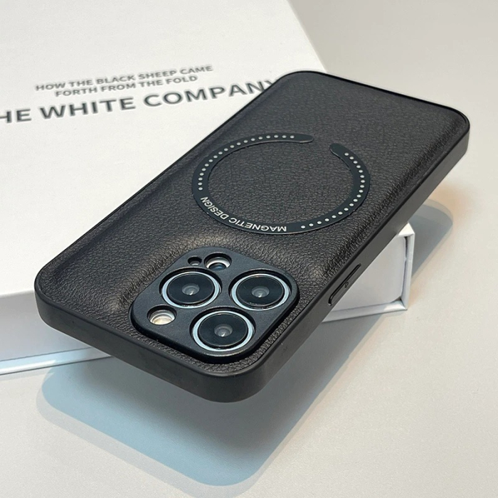Husa Luxury MagSafe iPhone 14 Pro, piele Lychee, margine silicon, albastru inchis [3]