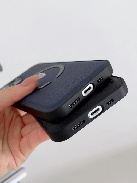 Husa Luxury MagSafe iPhone 14 Pro, piele Lychee, margine silicon, albastru inchis [5]