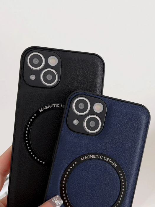 Husa Luxury MagSafe iPhone 14 Pro, piele Lychee, margine silicon, negru [3]