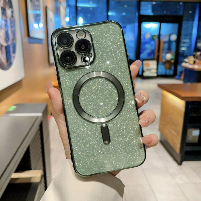 Husa Magsafe Glitter 3 in 1 iPhone 13 Pro Max, sticla camera inclusa -  green [2]