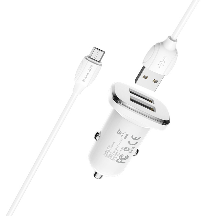 Incarcator auto Borofone BZ12 2XUSB 2,4A + cablu Micro USB alb [3]