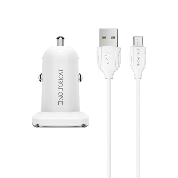 Incarcator auto  Borofone BZ12A 1xUSB 2,4A QC 3.0 + cablu micro USB  1m, alb [2]