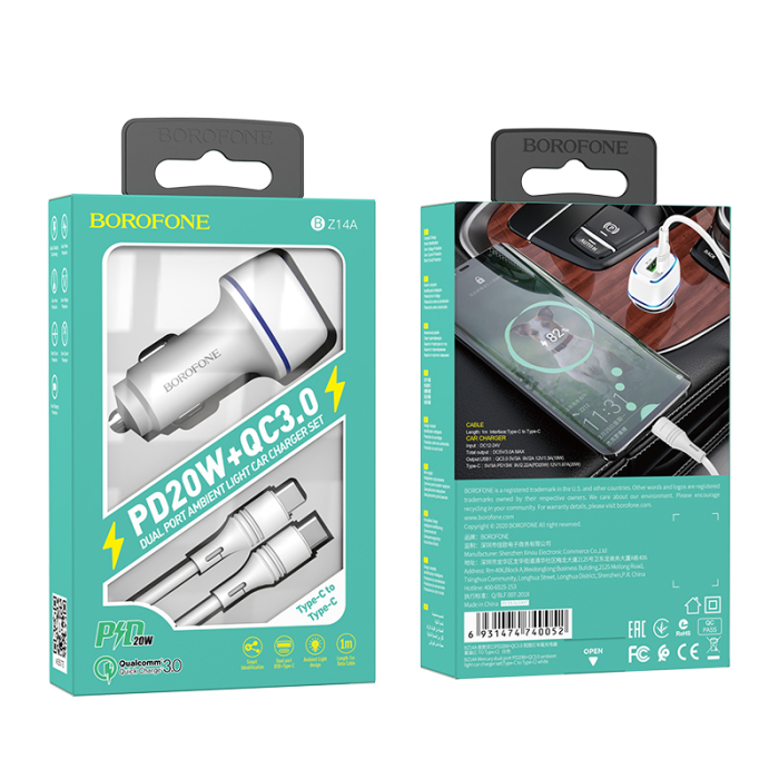 Incarcator auto Borofone BZ14A dual port USB-C / USB PD 20W QC 3.0 + cablu Type-C Type-C alb [1]