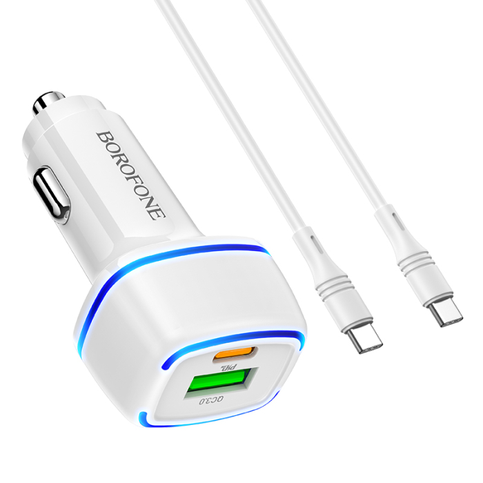 Incarcator auto Borofone BZ14A dual port USB-C / USB PD 20W QC 3.0 + cablu Type-C Type-C alb [3]