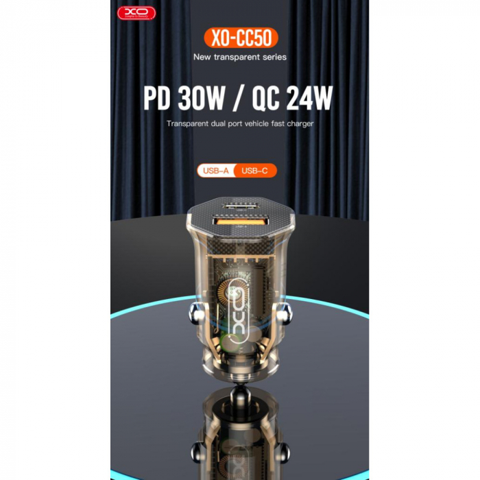 Incarcator auto XO CC50, PD 30W, Q.C. 24W, 1x USB + 1x USB-C, maro transparent [4]