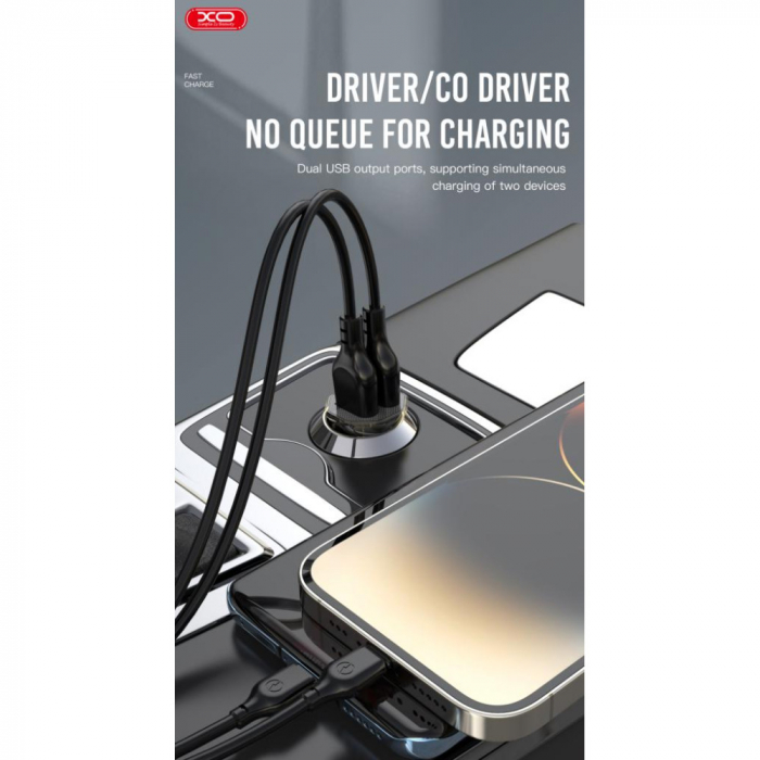 Incarcator auto XO CC50, PD 30W, Q.C. 24W, 1x USB + 1x USB-C, maro transparent [5]