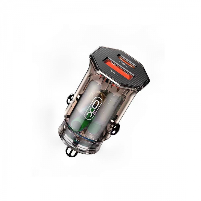 Incarcator auto XO CC50, PD 30W, Q.C. 24W, 1x USB + 1x USB-C, maro transparent [1]