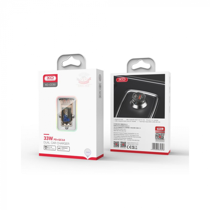 Incarcator auto XO CC50, PD 30W, Q.C. 24W, 1x USB + 1x USB-C, maro transparent [2]