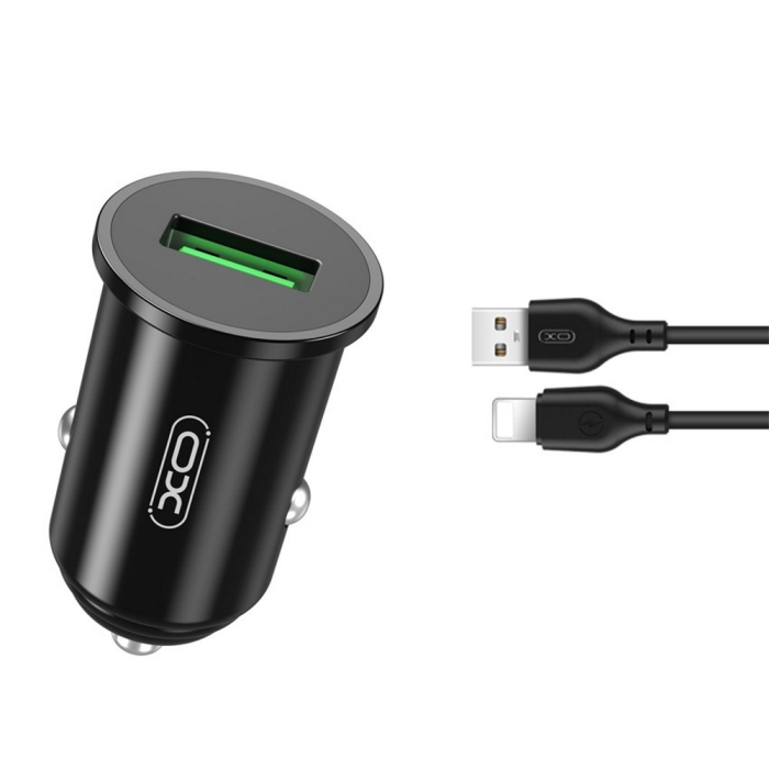 Incarcator auto XO TZ12 QC 3.0 18W 1x USB, negru + cablu lightning [1]