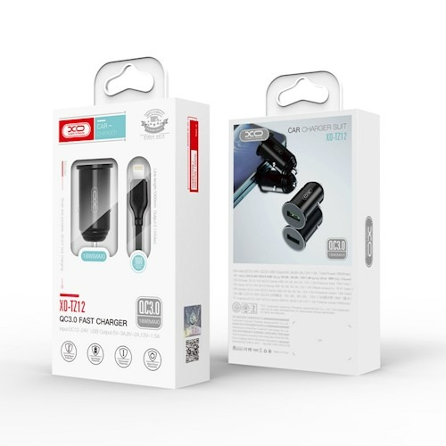 Incarcator auto XO TZ12 QC 3.0 18W 1x USB, negru + cablu lightning [2]