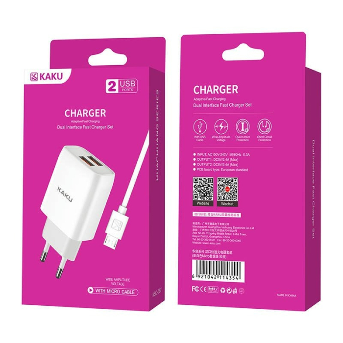 Incarcator priza 2.4A, 2x USB, alb + cablu micro USB alb,1 m, KSC-397 [1]