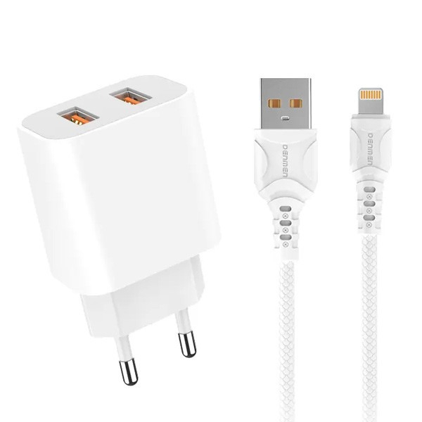 Incarcator priza 2.4A + cablu USB iPhone alb Denmen 2XUSB 2400mAh DC05 12W [2]