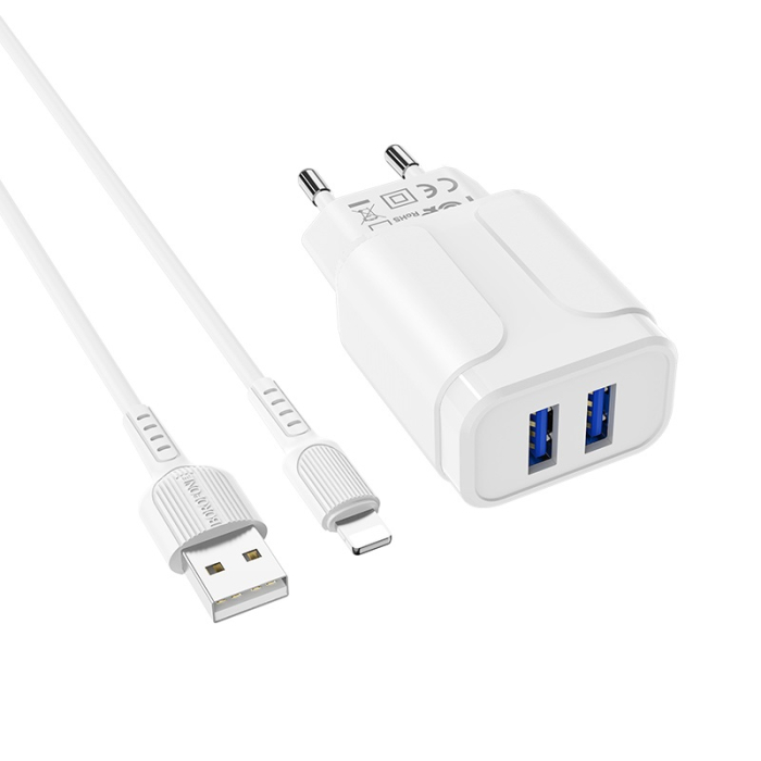 Incarcator priza Borofone BA37A - 2XUSB 2.4A + cablu Lightning alb [4]