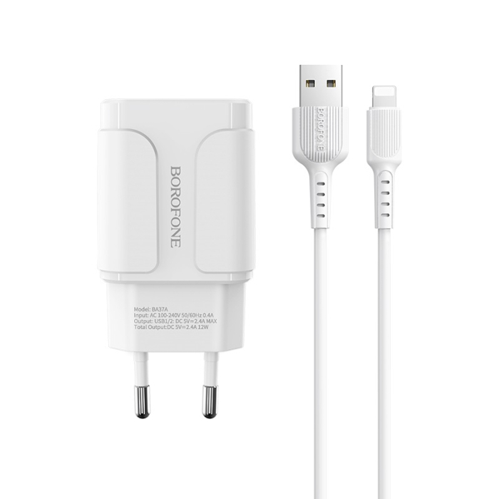 Incarcator priza Borofone BA37A - 2XUSB 2.4A + cablu Lightning alb [3]