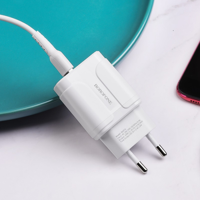 Incarcator priza Borofone BA37A - 2XUSB 2.4A + cablu Lightning alb [7]