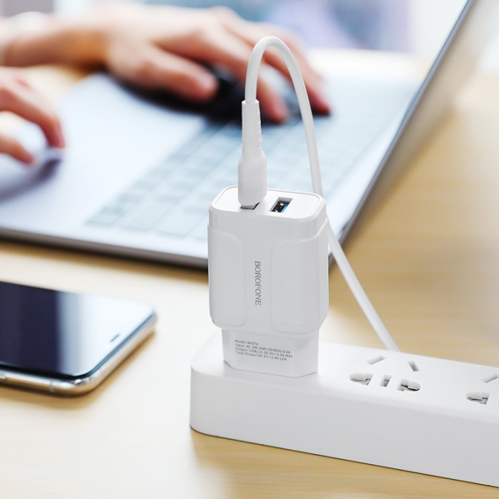 Incarcator priza Borofone BA37A - 2XUSB 2.4A + cablu Lightning alb [5]
