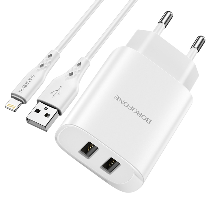 Incarcator priza Borofone BN2 - 2XUSB 2.1A + cablu lightning alb [2]