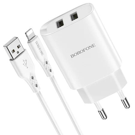 Incarcator priza Borofone BN2 - 2XUSB 2.1A + cablu lightning alb [3]