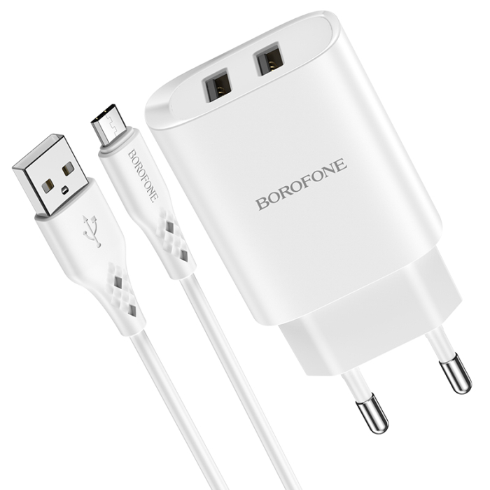 Incarcator priza Borofone BN2 - 2XUSB 2.1A + cablu Micro USB alb [3]