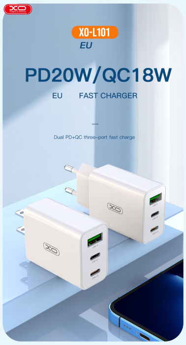 Incarcator XO L101 PD QC 2x USB-C 1x USB white [3]