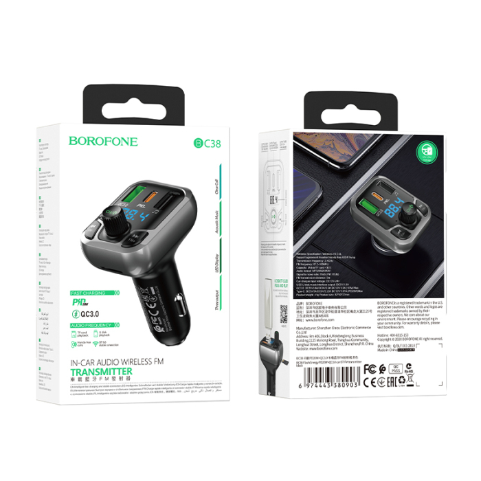 Modulator FM Bluetooth Borofone BC38 Flash Energy, 2 X USB (QC 3.0) + 1 X USB Type-C (PD) + slot micro SD, buton apel, negru [1]
