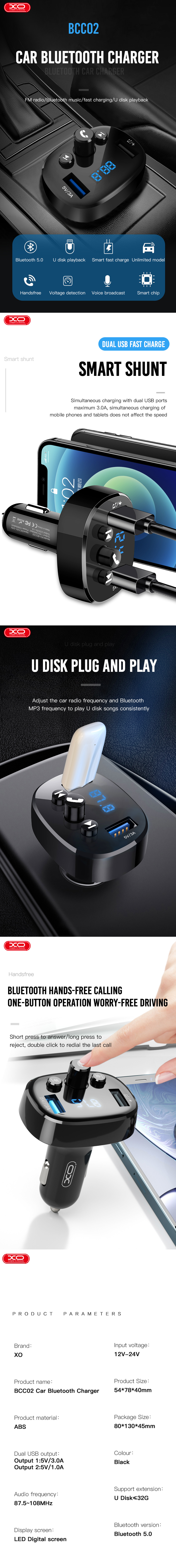 Modulator FM XO BCC02 Bluetooth MP3 cu incarcator auto 15W negru [5]