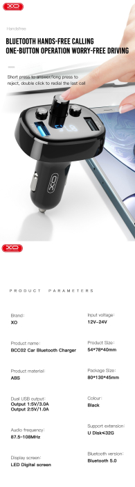 Modulator FM XO BCC02 Bluetooth MP3 cu incarcator auto 15W negru [4]