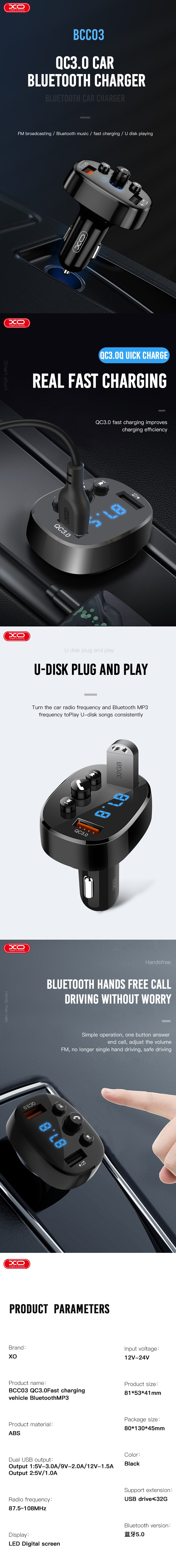 Modulator FM XO BCC03 Bluetooth MP3 cu incarcator auto 18W negru [6]