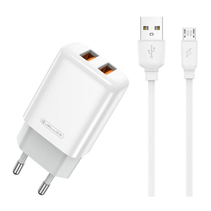 Set adaptor priza JELLICO EU02, 2.4A, 2 x USB + cablu micro USB, alb [2]