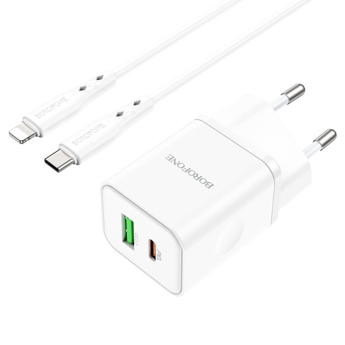 Set adaptor priza PD20W/QC3.0 + cablu Type-C/Lightning, Borofone BN7, alb [1]