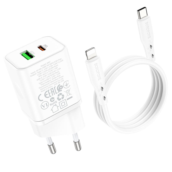 Set adaptor priza PD20W/QC3.0 + cablu Type-C/Lightning, Borofone BN7, alb [3]