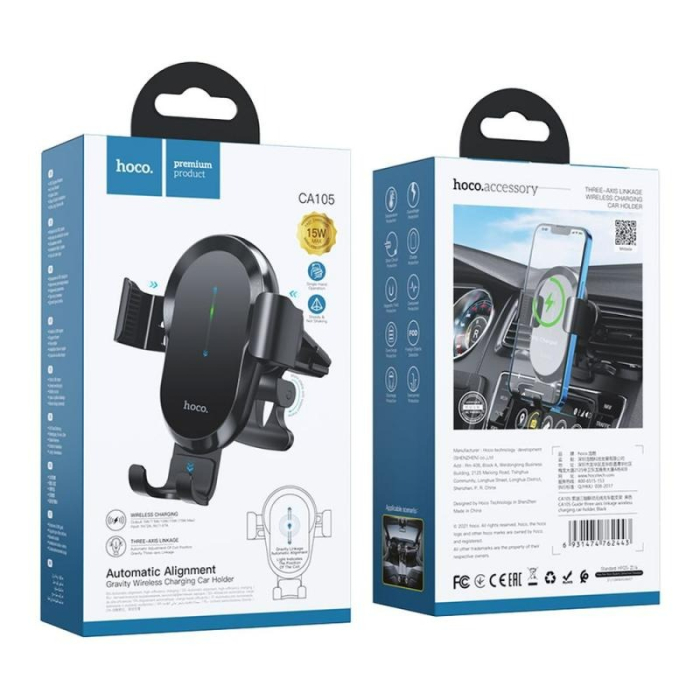 Suport auto HOCO CA105 cu incarcare wireless, 15W, prindere pe grila, negru [3]