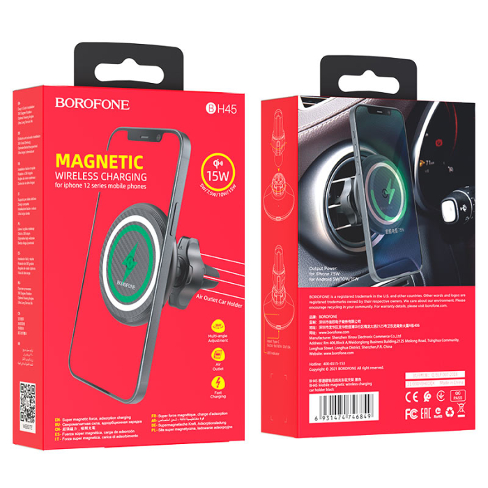 Suport si incarcator Auto Wireless Borofone BH45, MagSafe, Quick Charge, 15W, Negru [7]
