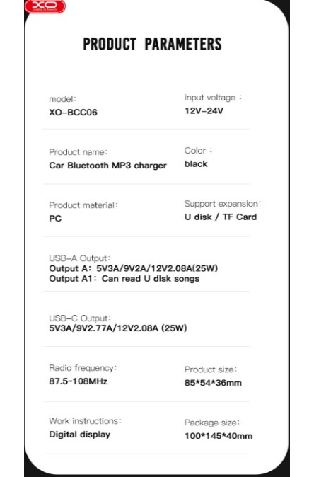 Transmitator FM XO BCC06, Bluetooth, MP3, incarcator auto 50W, negru. [6]