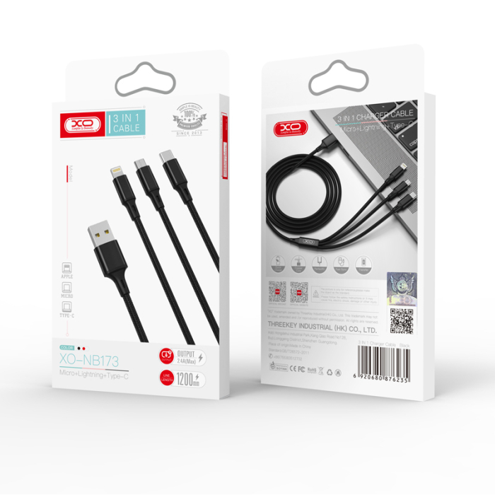 XO cable NB173 3in1 USB - Lightning + USB-C + microUSB 1.2 m 2.4A black [3]