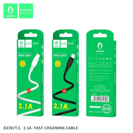 Cabluri de date si incarcare - CABLE USB Type-C Denmen negru 2M USB 2.1A D23T