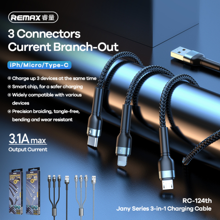 Cablu 3 in 1 ReMax RC-124  - USB to Type C, Lightning, Micro USB - 3.1A,  1.2 metri, argintiu [1]