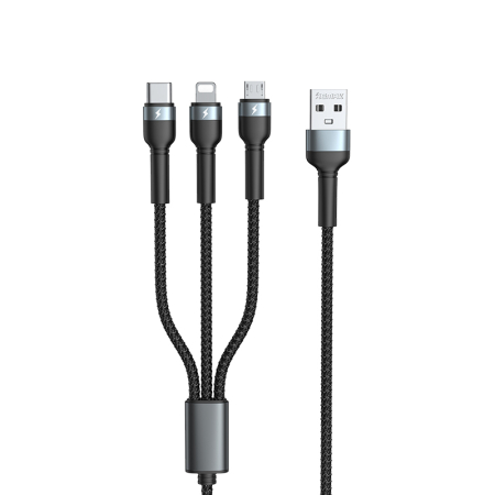 Cabluri de date si incarcare - Cablu 3 in 1 ReMax RC-124  - USB to Type C, Lightning, Micro USB - 3.1A, 1.2 metri, negru