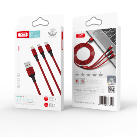 Cablu 3in1 USB - Lightning + USB-C + microUSB 1,2 m 2,4A red NB173 [3]