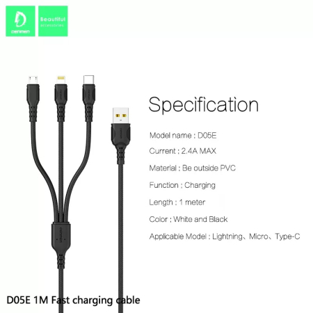 Cablu USB 3IN1 Denmen negru 1M D05E, 2.4A, 1m, fast charging [2]