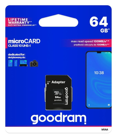 Altele - Card de memorie, Goodram, M1AA-0320R12, 64 GB, microSD HC UHS-I, ClasS10, Viteza citire 100MB/s, Adaptor SD inclus
