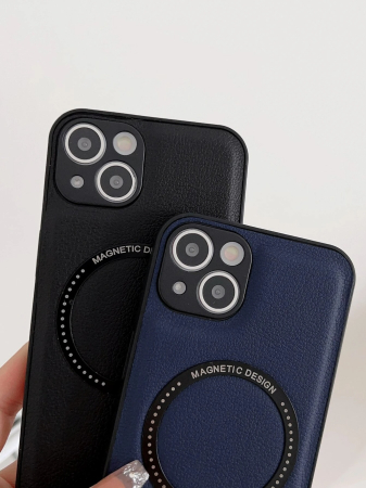 Husa Luxury MagSafe iPhone 14, piele Lychee, margine silicon, albastru inchis [3]