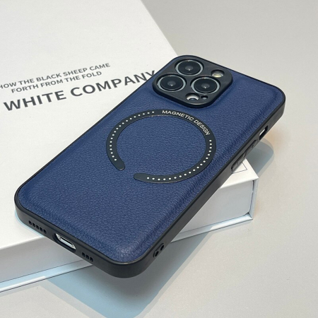 Husa Luxury MagSafe iPhone 14, piele Lychee, margine silicon, albastru inchis [1]