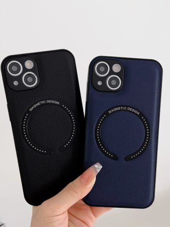 Huse si folii iPhone - Husa Luxury MagSafe iPhone 14, piele Lychee, margine silicon, albastru inchis