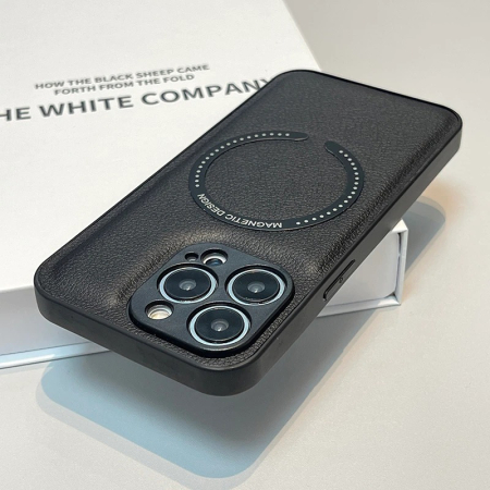 Husa Luxury MagSafe iPhone 14 Pro, piele Lychee, margine silicon, negru [1]