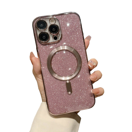 Huse si folii iPhone - Husa Magsafe Glitter 3 in 1 iPhone 13, sticla camera inclusa - rose gold