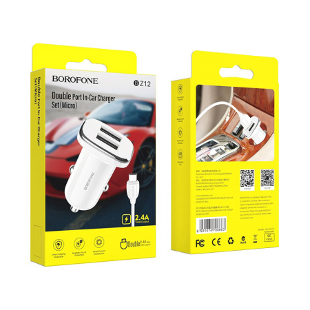 Incarcatoare auto - Incarcator auto Borofone BZ12 2XUSB 2,4A + cablu Micro USB alb